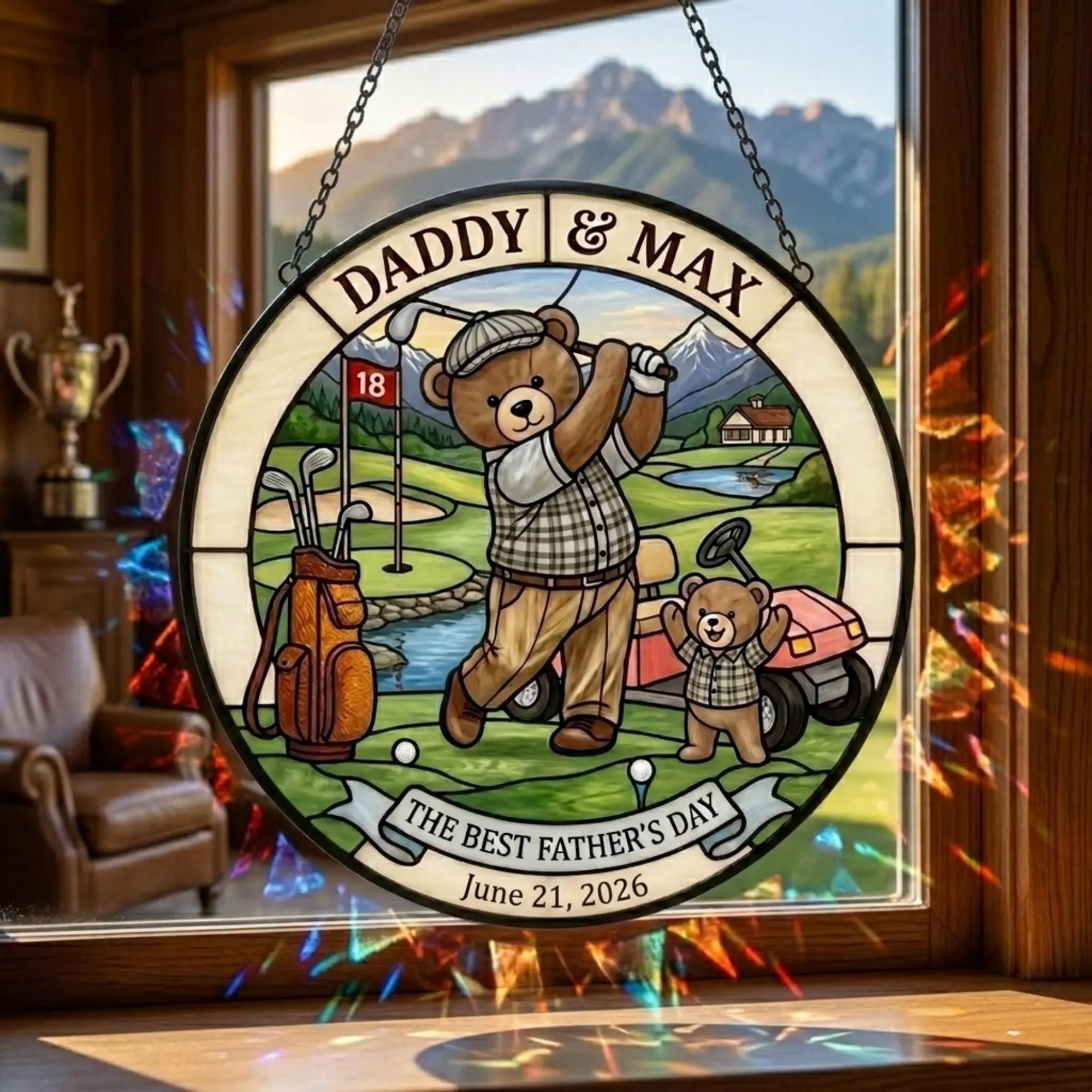 [Made in US] Personalized Golf Dad Glass Suncatcher, Custom Father’s Day Golf Window Hanging Gift