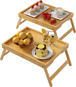 Bed Tray Table with Folding Legs, Bamboo Breakfast in Bed for Kitchen Serving Tray, Sofa, Eating, Used As Laptop Desk Snack Tray 2 Pack (Bamboo)