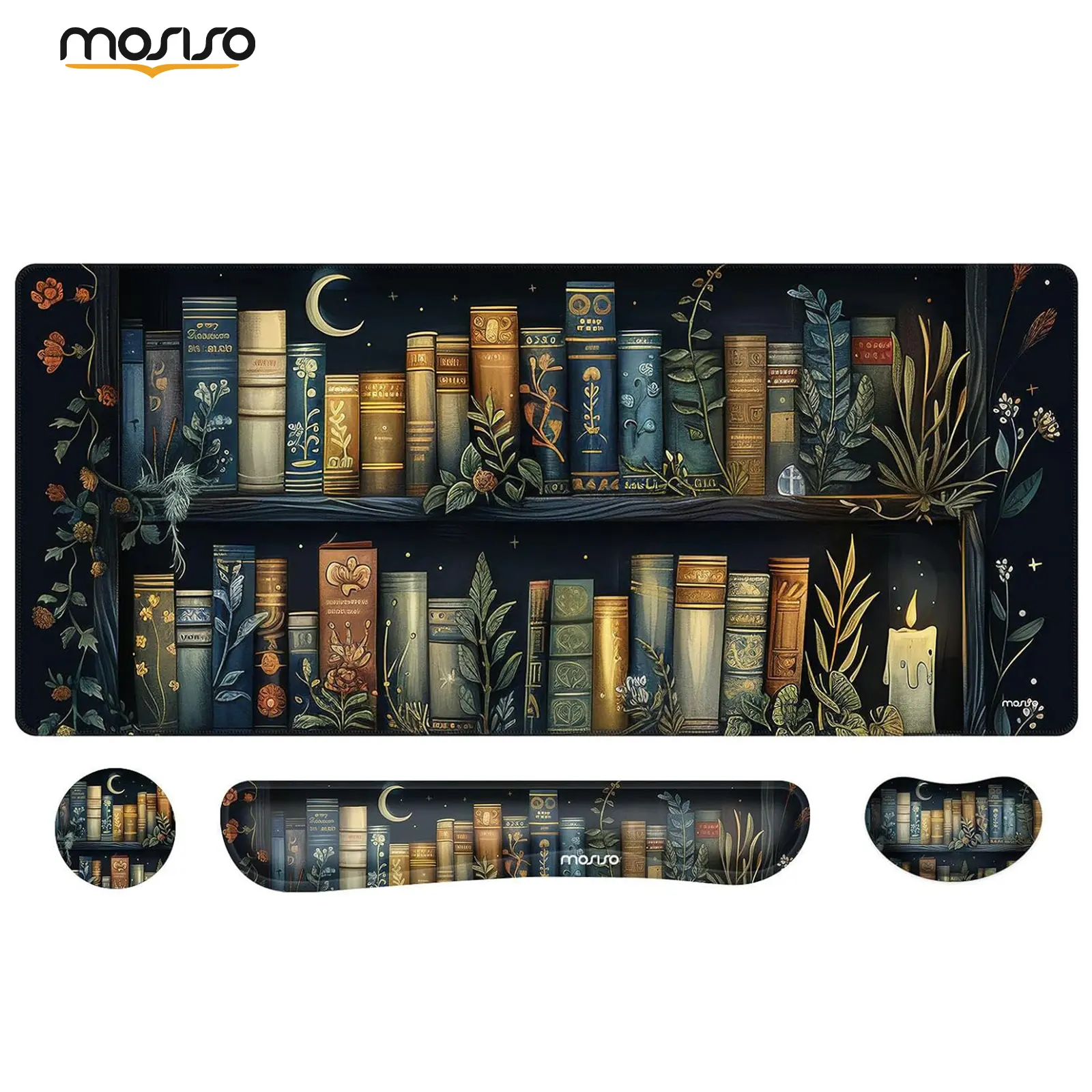 MOSISO Ergonomic Keyboard Wrist Rest & Mouse Pad Set with Desk Accessories - Soft Fabric, Memory Foam, Silicone Lining, Non-Slip Base, Vintage Book Design for Home/Office Pain Relief & Easy Typing