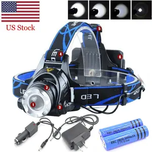 1200000LM Rechargeable Head Light LED Tactical Headlamp Zoomable+2X Charger+Batt