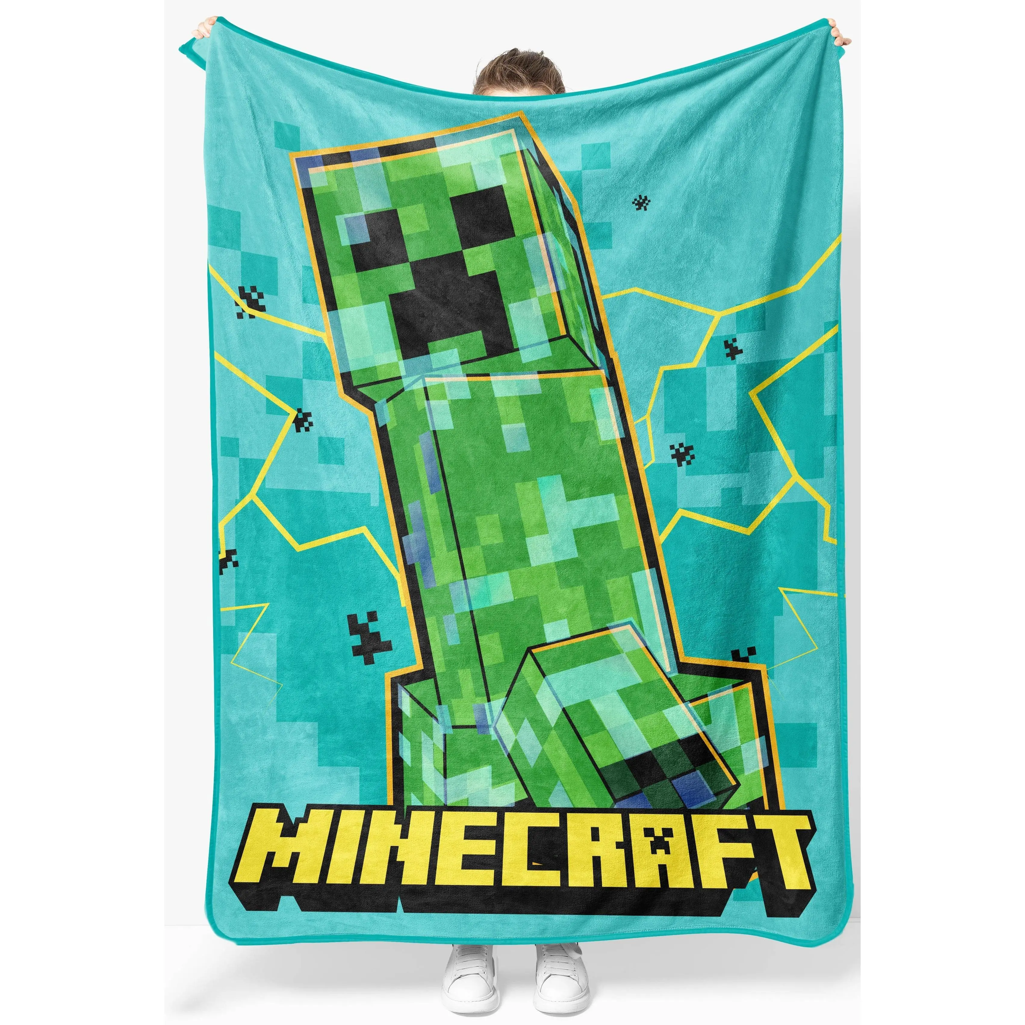 Jay Franco Minecraft Lightning BOOM Plush Throw Blanket - 46x60 in, All Seasons, Fuzzy Soft, Durable, Washsafe, Travel-Ready, Cartoon Printed Kid Blanket, Cozy Whimsical Home Decor Bedding
