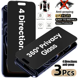 3pcs 4 Way 360 Degree Privacy Screen Protector Compatible with iPhone 17 Pro Max [6.9 Inch], 17 Pro/17 Air/16 ProMax/16e/15 Pro Max/15//14/13/12 Pro/11, Fully Protect The Screen, Anti Scratch Anti Spy Protective Tempered Glass Film