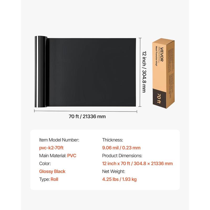 VEVOR Heat Transfer Vinyl, 12 in x 70 ft, Glossy Black HTV Iron on Vinyl Roll, Easy to Cut and Weed, Strong Adhesion, Compatible with Cutting Machines, for Various Materials, T-Shirts, Pillows, Hats