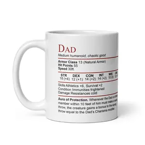 DnD Dad Mug, DnD Stat Block Coffee Mug, Father's Day Coffee Cup for Dad, Daddy Tea Mug, Dungeons & Dragons Gift for Father's Day, Unique Gift for DND Dad from Daughter Son, Drinkware Coffee Cup Tumbler Ceramic