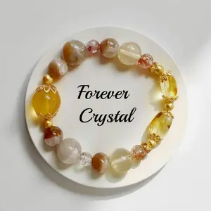 Phantom Quartz, Rutilated Quartz, Amber & Yellow Fluorite Bracelet | Natural Amber Center | Mixed Sizes | Gold-Plated Copper | Fits 16–17cm