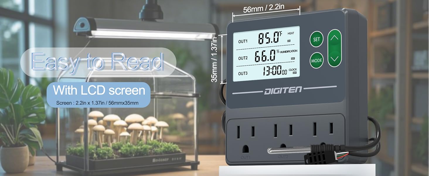 DIGITEN Temperature and Humidity Controller with Timer - 3 Outlet, 2 Separate Probes, Plug in Temperature Controller for Reptiles,Snake, Mushrooms, Tent, Triple Control for Temp,Humidity,Time