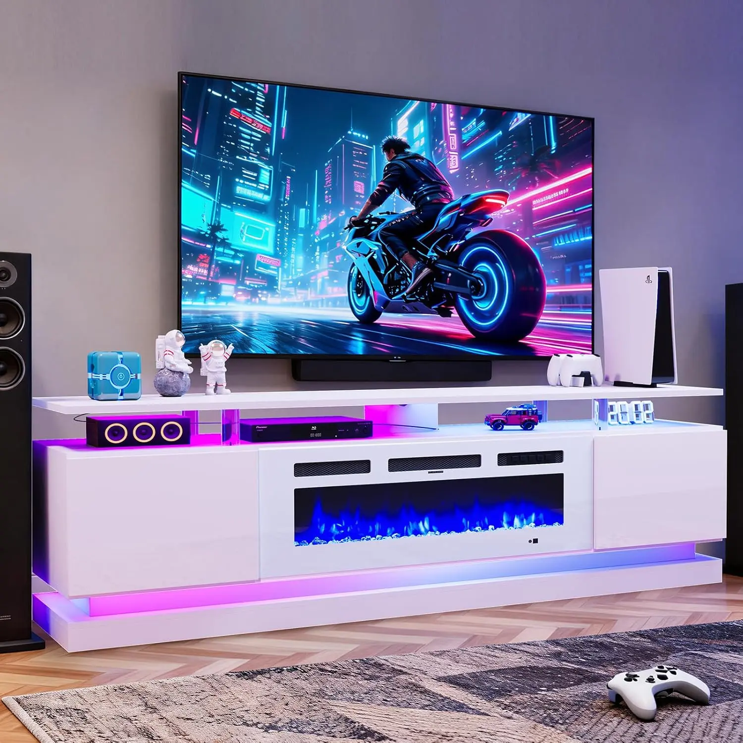Jolydale 70in High Gloss Modern TV Stand - Indoor Furniture Living Room Media Console with Built-in Shelving, Electric Fireplace, Storage Cabinets, Adjustable LED Lighting, Fits TVs Up to 80in White Entertainment Centre, Home Cinema, Auto Shut‑Off