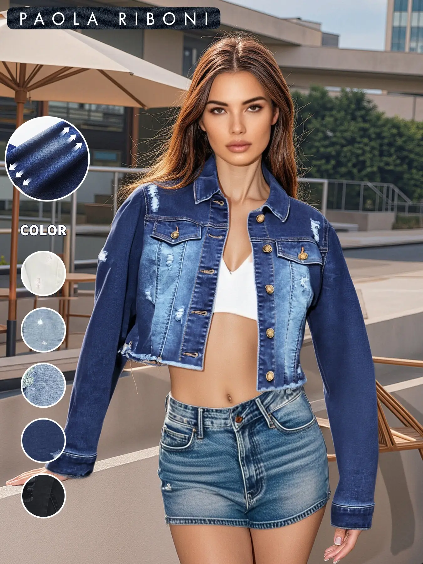 Women's Solid Button Front Ripped Raw Hem Crop Denim Jacket, Fashion Casual Long Sleeve Collared Jacket for Daily Outdoor Wear, Ladies S-3xl Clothes f
