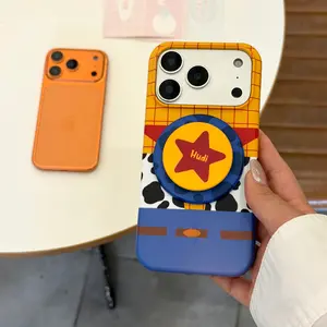 Cow Print-Orange Plaid-Brown Spliced Woody Magnetic Holder Cellphone Casing, Protective Accessory for iPhone 15, 16 Pro, 17 Pro Max Devices