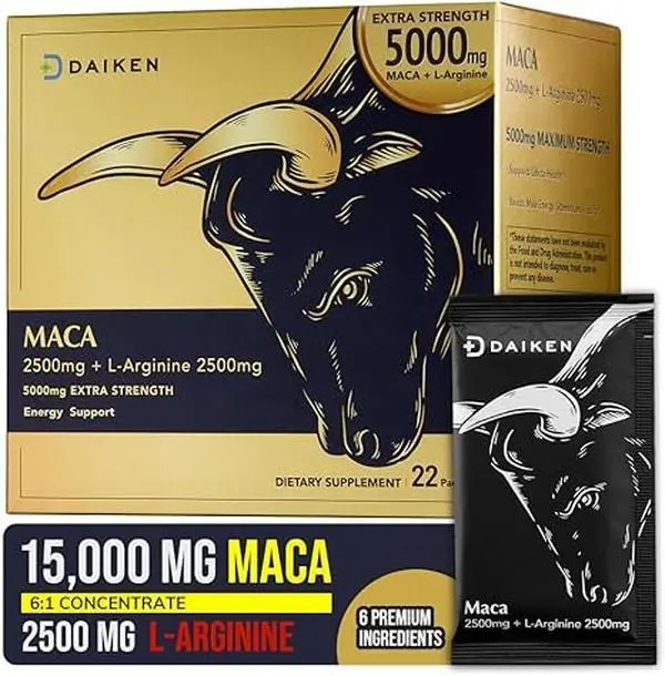 DAIKEN Peruvian Maca Root Powder Extra Strength 5,000 mg, Gelatinized Black, Red, Yellow Maca Blend with L-Arginine (2,500 mg) for Men and Women, Superior Absorption, Vegan, Lab Tested - 22 Packets