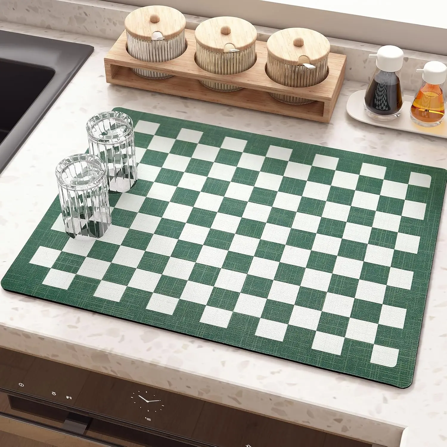 Plaid Single Kitchen Dish Drying Mat - Super Absorbent Counter Linen, Heat Resistant, Easy to Clean, Self-Drying Green Option, Coffee Use Essential, Kitchen Counter Decor