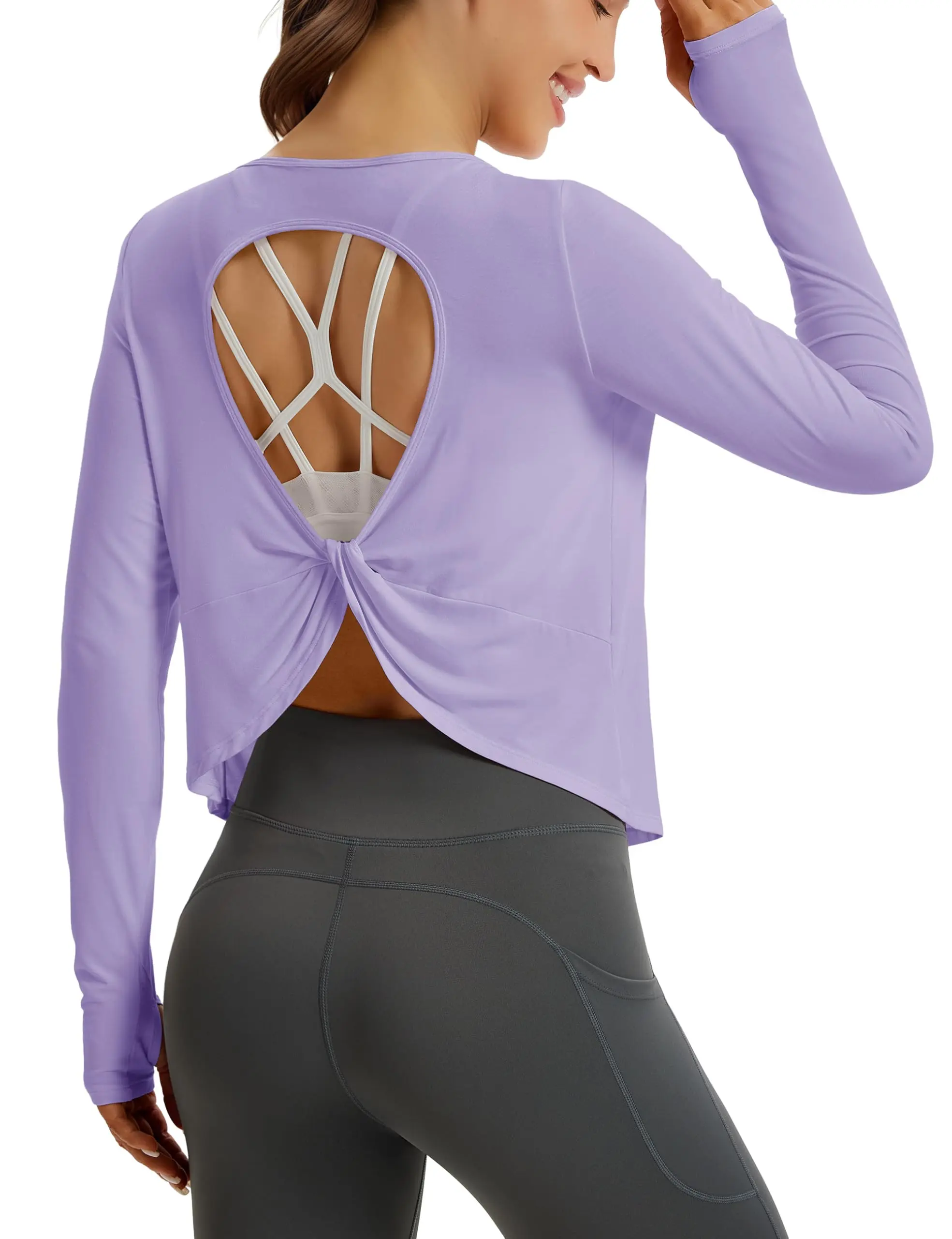 MAGCOMSEN Women's Long Sleeve Sporty Chic Backless Workout Crop Top, Collarless Boat Neck Bralette with Thumbhole Tie-Knot, Breathable 93% Rayon Fitted Casual Shirt for Gym Yoga Hiking