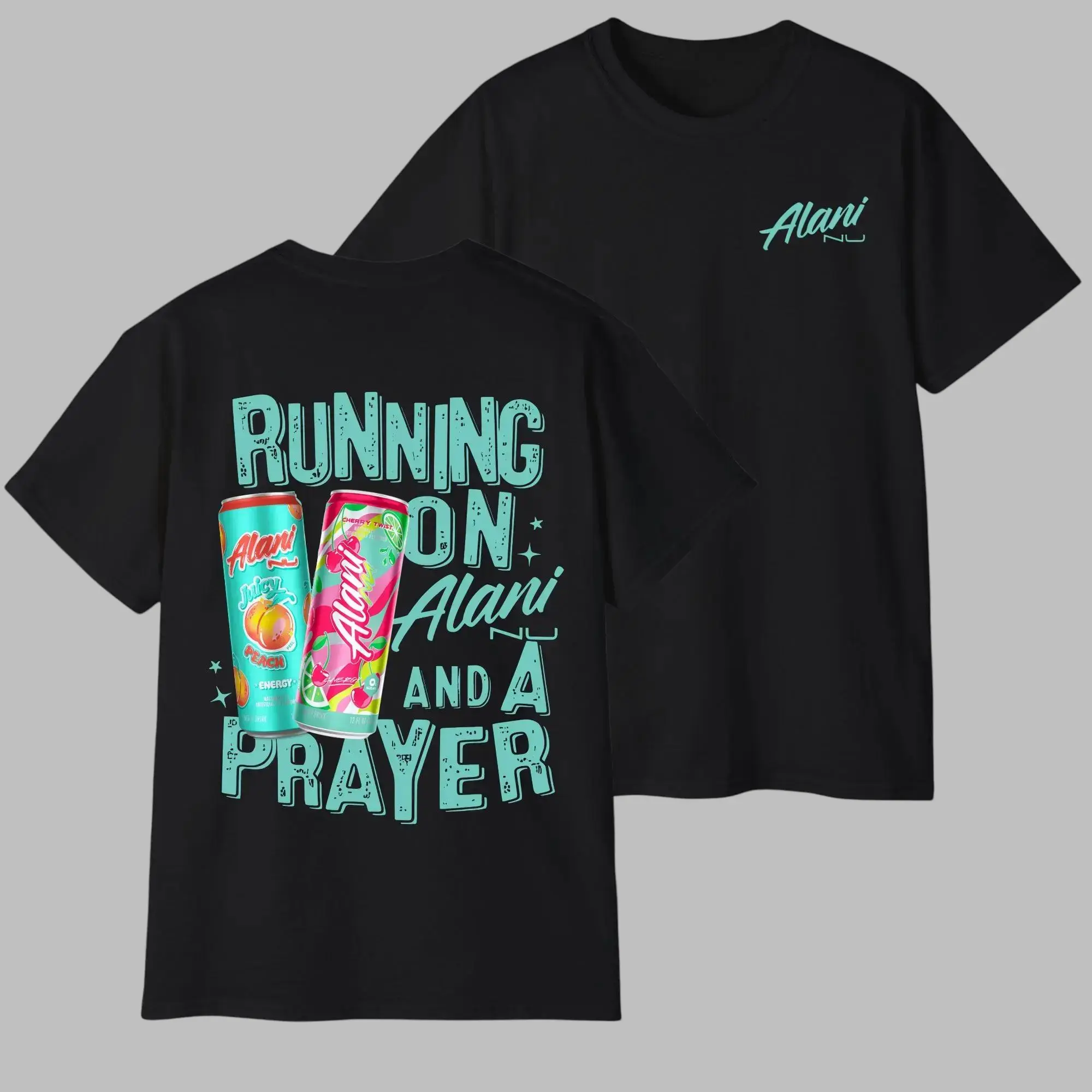 Alani Running on Alani T-Shirt - Trendy Graphic Tee with Colorful Alani Nu Cans and Playful Slogan, Unisex Design for Gym Lovers and Everyday Wear, Funny Drinking Vacation Outfits apparel