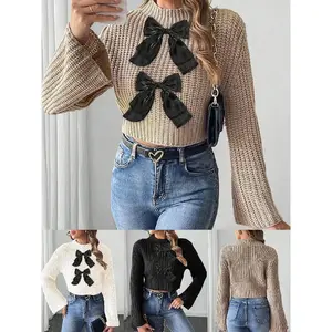 Women's Short Cropped Top Knitted Sweater with Bowknot Patchwork Flared Sleeves Half Turtleneck Pullover Sweater for Women