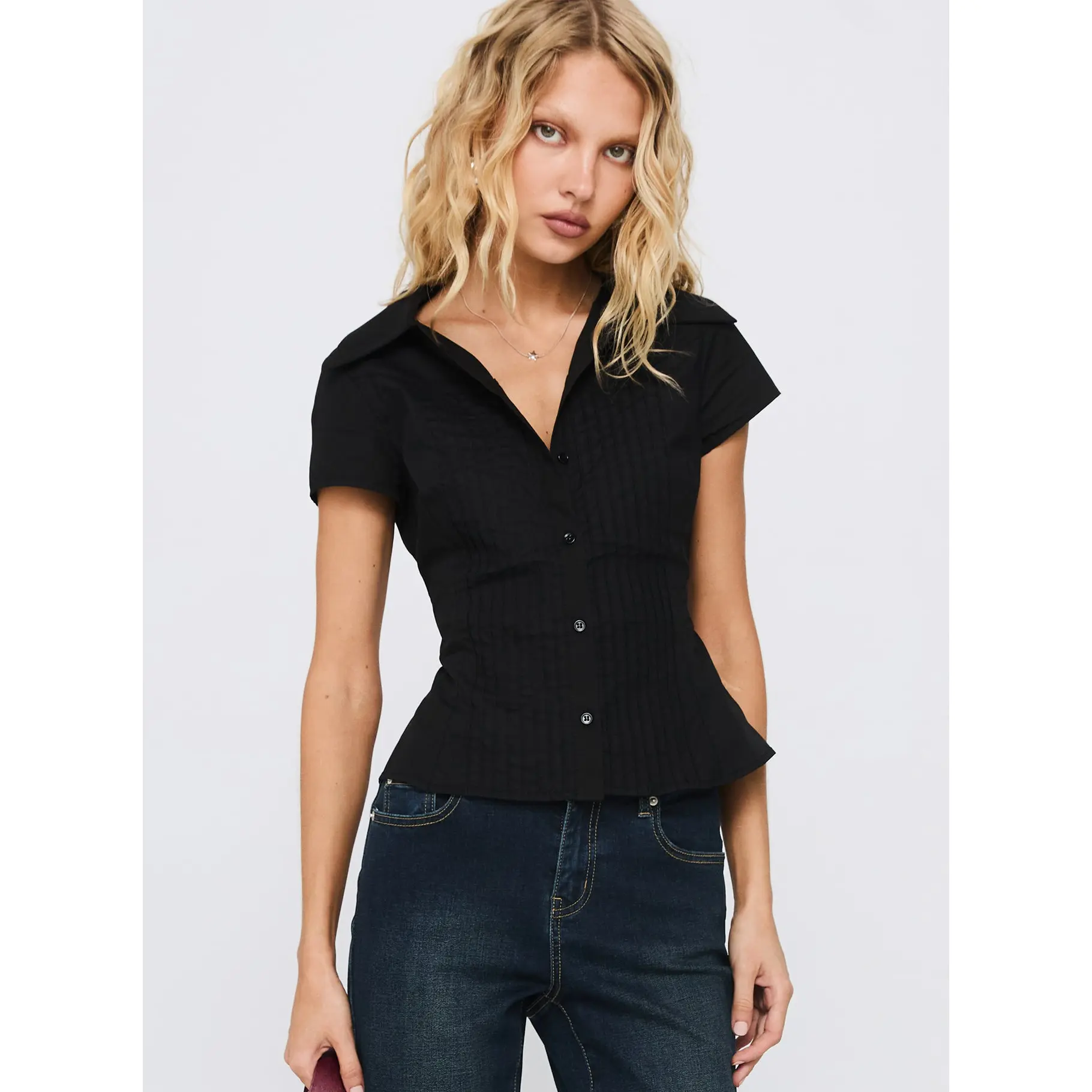 Akiyo Button Up Blouse Top Black