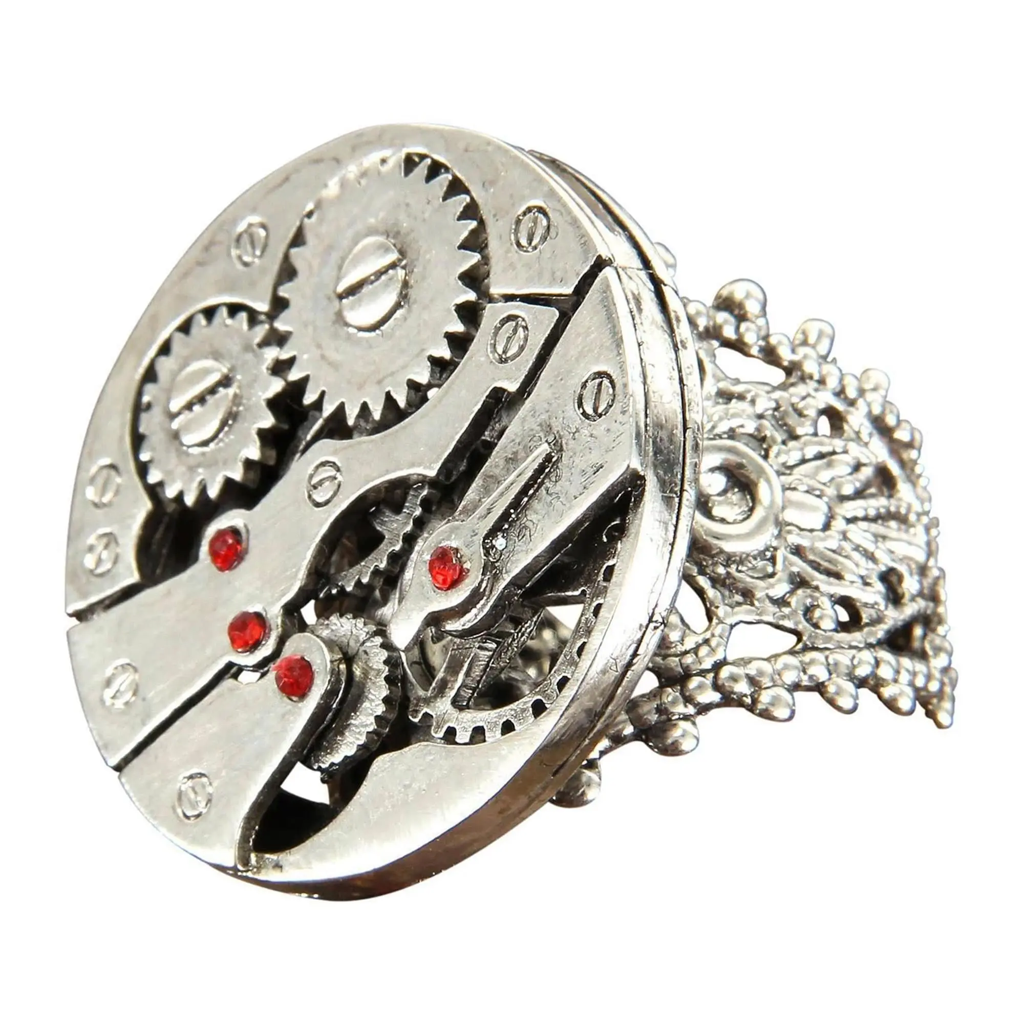 Steampunk Look Retro Metal Costume Ring, 1-Size Silver Watch Gears Ring for Adult Party Wear, One Size, Works With Costumes