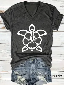 Women's Turtle Print V-Neck Short Sleeve Top, Casual Vacation Wear, Daily Comfort, Elegant Design, Soft Fabric Tee, Womenswear, Everyday