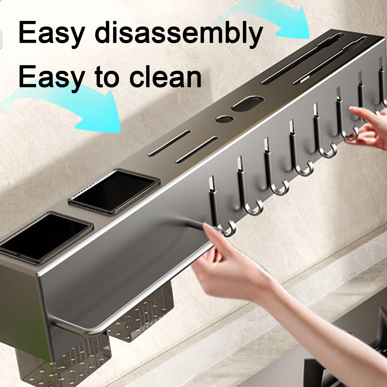 Space-Saving Kitchen Organizer, Wall-Mounted Storage Rack, Multi-Functional Kitchen Organizer with with Drying Holes, Knife Slots, Chopstick Holder & Towel Bar, No-Drill Installation 60cm
