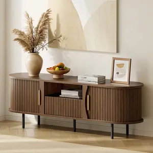 SIKAIC 63in Fluted TV Stand - Walnut Brown Indoor Furniture with Curved Sliding Tambour Doors for Living Room Decor