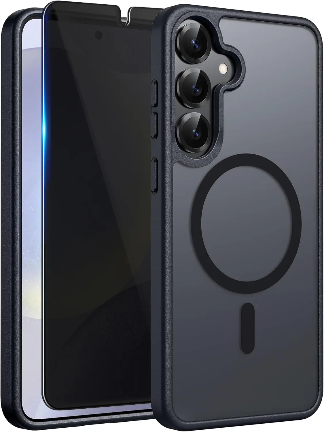 Frosted Matte Magnetic Phone Case for Samsung Galaxy S25/S24 with Privacy Shield Tempered Glass Screen Protector, MagSafe-Compatible, Shockproof, Anti-Scratch, Slim Fit, Military Grade Protection (Black)