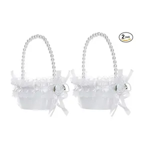 Wedding Flower Girl Basket Set with Pearl Handle, Satin Storage Basket for Wedding Home Garden Decoration, 2 Pieces