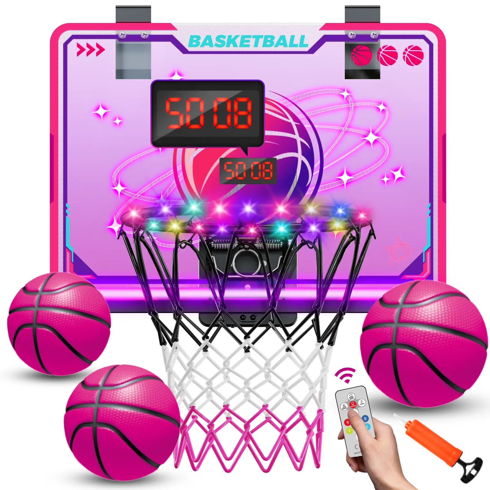VATOS Basketball Hoop for Girls Indoor, LED Basketball Hoop with 7 Color Lights, Glowing Rim, Scoreboard & Remote Controller, Basketball Set Sports Toys Birthday Gifts for Girls Kids Teens 5-12