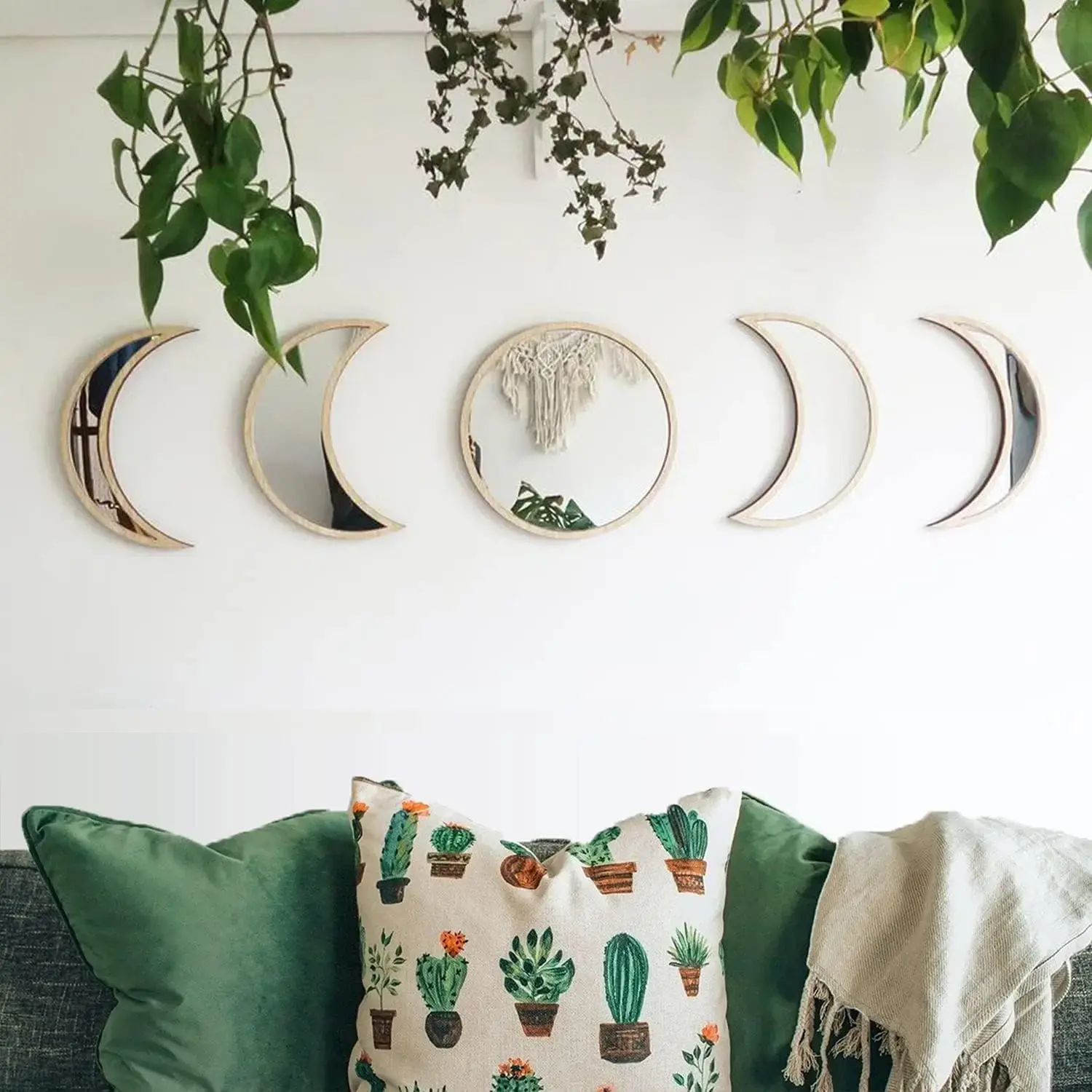 Home Decor Products Moon Cycle Design Ornaments, Room Decoration Ornaments, Decorative Hanging Ornaments, Aesthetic Wall Decor, 5 Counts Wooden Wall Art Hanging Decor for Home Living Room Bedroom, Spring Refresh Decor, Summer Gift