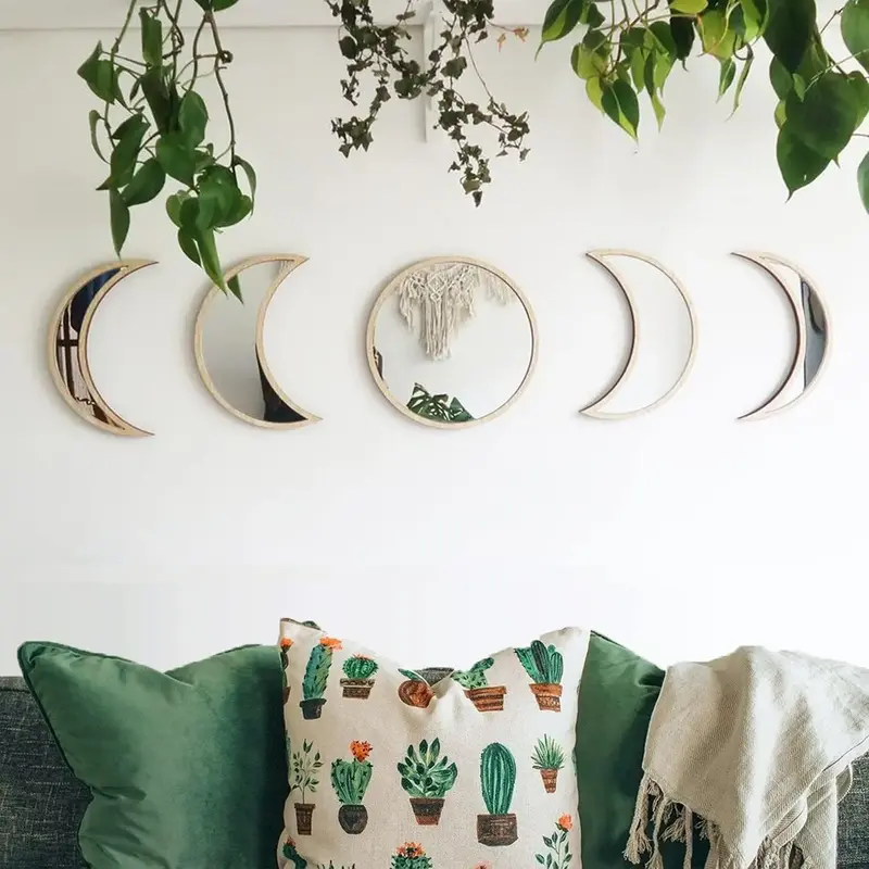 5-Piece Wooden Moon Phase Wall Art Set, Hanging Home Decor Wall Art Decoration for Living Room & Bedroom Aesthetic Ornament, Summer Gift