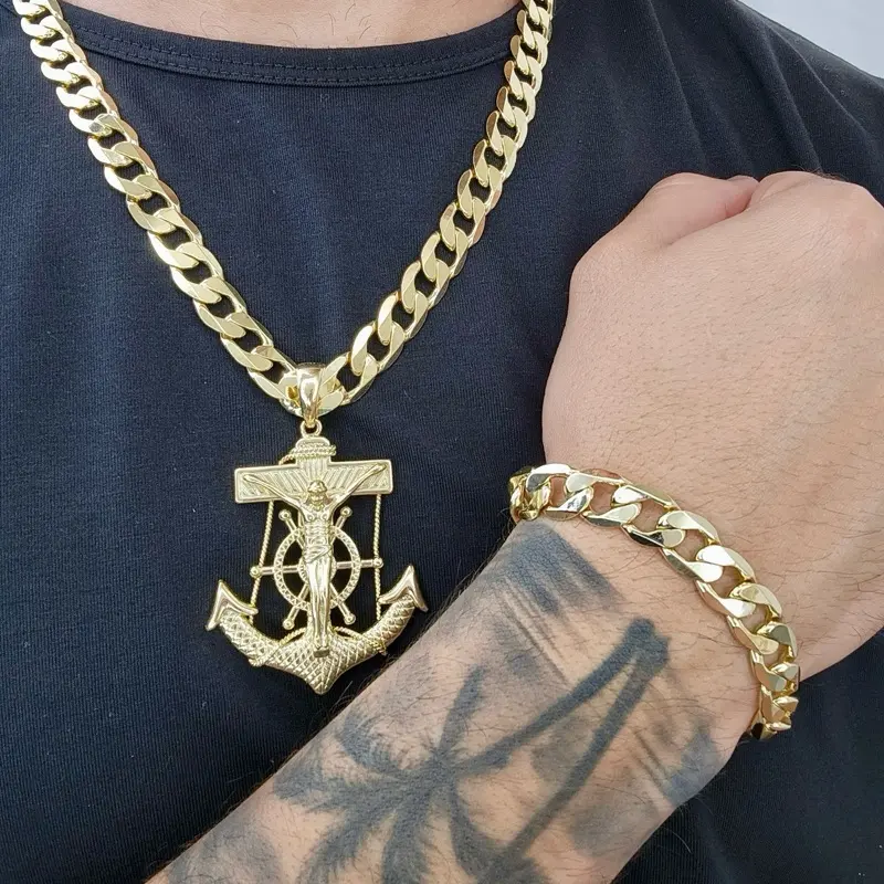 ViOrO 14K Gold Plated 10mm Cuban Link Chain with Bracelet and Jesus Christ Anchor Pendant for Daily Use. Electro Laminated Premium Jewelry