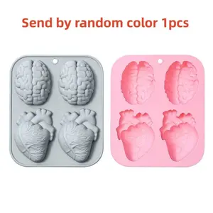 Human Heart Brain Silicone Molds 4 Cavity 3D Organ Shapes Silicone Heart Shaped DIY Handmade Silicone Fondant Cake Soap Mold Tray Muffin Baking Tools