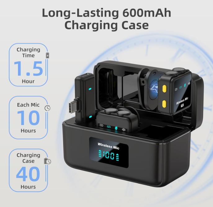 VM32 Portable Wireless Lavalier Lapel Condenser Mic - USB-C Plug-and-Play Compact Mobile Audio Device, Plastic Daily Portable Mic with Built-in Li-Ion 40H Charging Case, 75 Ft Range, 10H Use Time for YouTube Videos, iPhone 17/16/15, Android, iPad