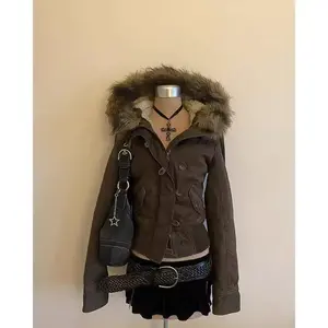 Gothic Fashion American Vintage Fur Lined Warm Jacket Womens Brown Zipper Hooded Coat Autumn Winter Warm Casual Coats Long Sleeve Fitted Basic Minimalist Outerwear Faux Fur Half Zip Rhinestone Hoodie Sweatshirt Cropped Puffer Vest