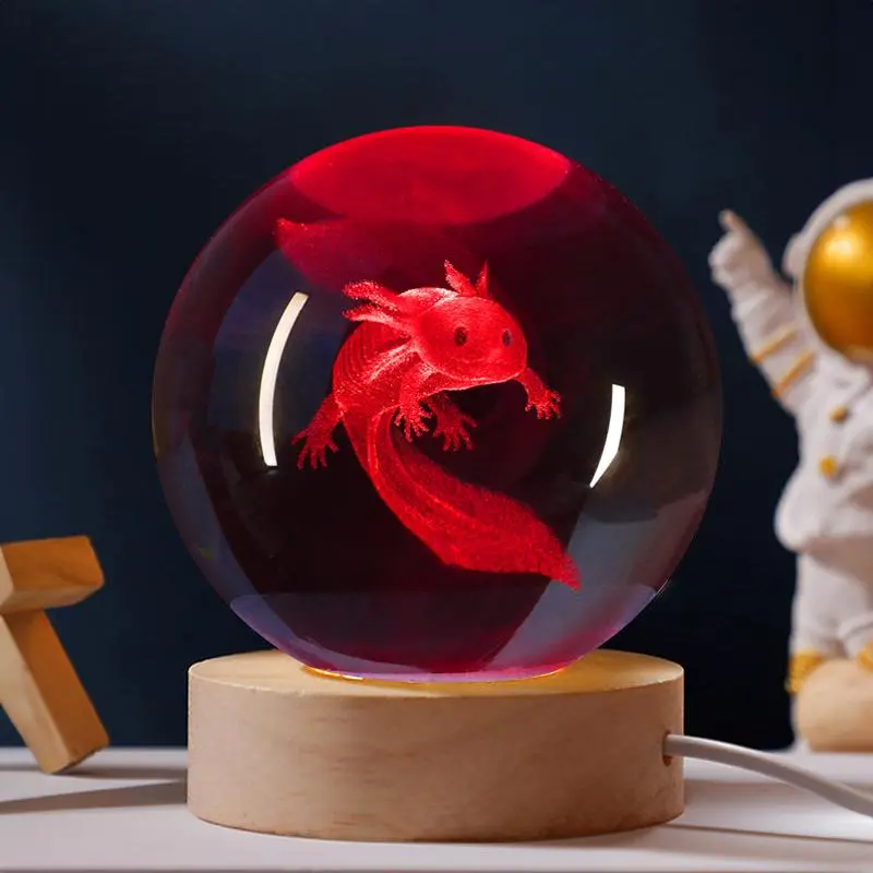3D Crystal Glass Ball Night Light, USB Powered Amphibious Axolotl Design Decorative Light, Desk Ornament Light For Bedroom Living Room Furniture Decor