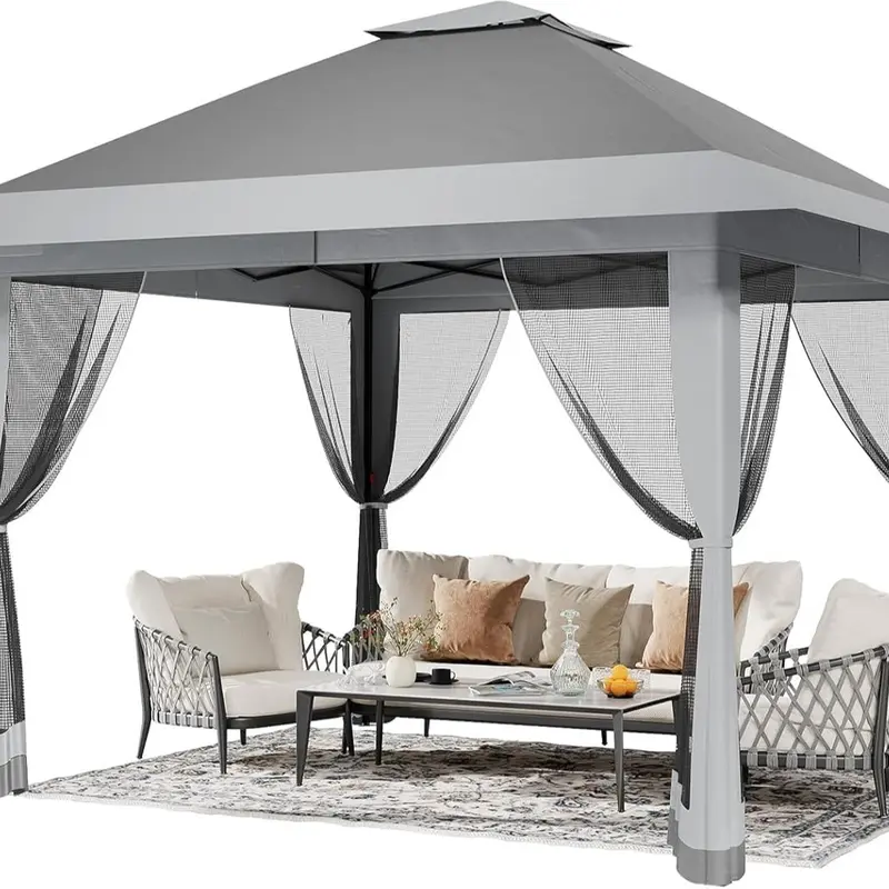 Garvee 13x13 Square Metal Frame Canopy Tent Corrosion Resistant Sturdy Steel Waterproof Khaki Cover for Backyard Beaches Adjustable Height Easy Setup Mesh Netting Panel Zippers Double Vented Roof Enhanced Privacy