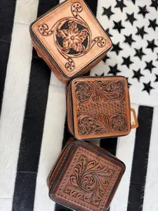 Genuine hand tooled leather small jewelry box with removeable tray