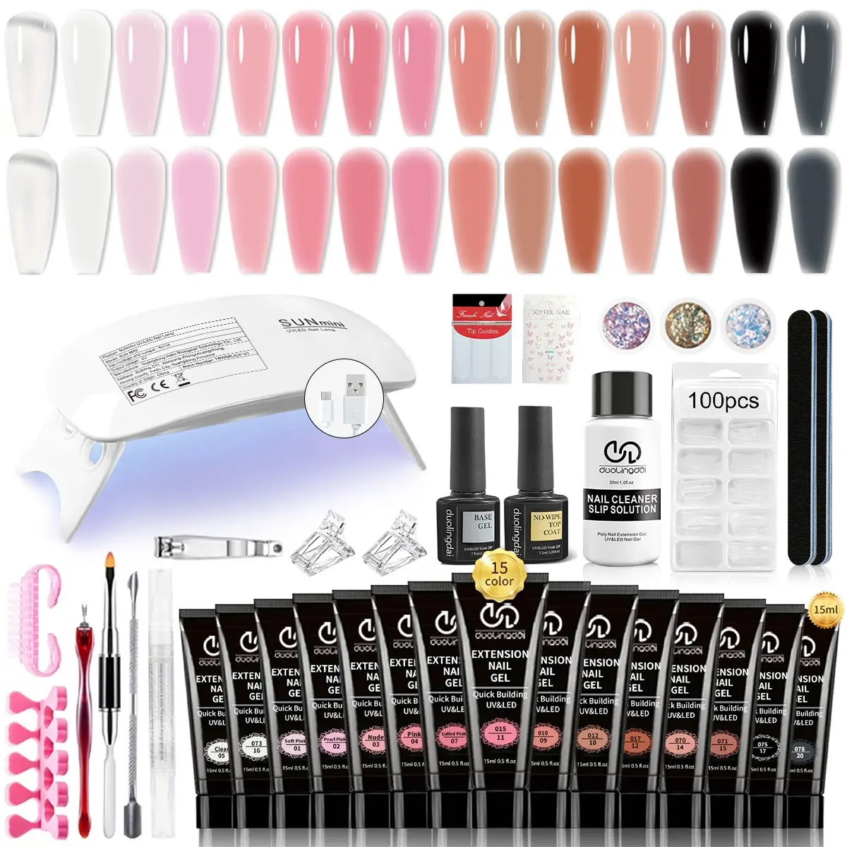 Poly Nail Gel Kit with 15 Counts Poly Nail Extension Gel Builder, Quick Building Nail Mold Tips, and Art Tools, Perfect Gift for Nail Art Enthusiasts, Manicure, Poly Gel Set