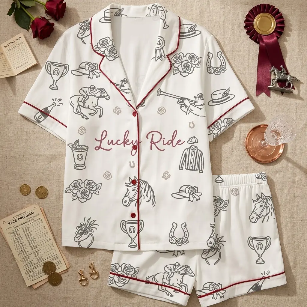 Kentucky Derby Pajama Set, Horse Racing Sleepwear for Women, Preppy Equestrian Lounge Set, Lucky Ride PJs, Preppy Equestrian Pajamas, Horse Racing Print Sleepwear, Lucky Ride Women Lounge Set, Cute Summer PJs, Lucky Ride Horse Racing Sleepwear
