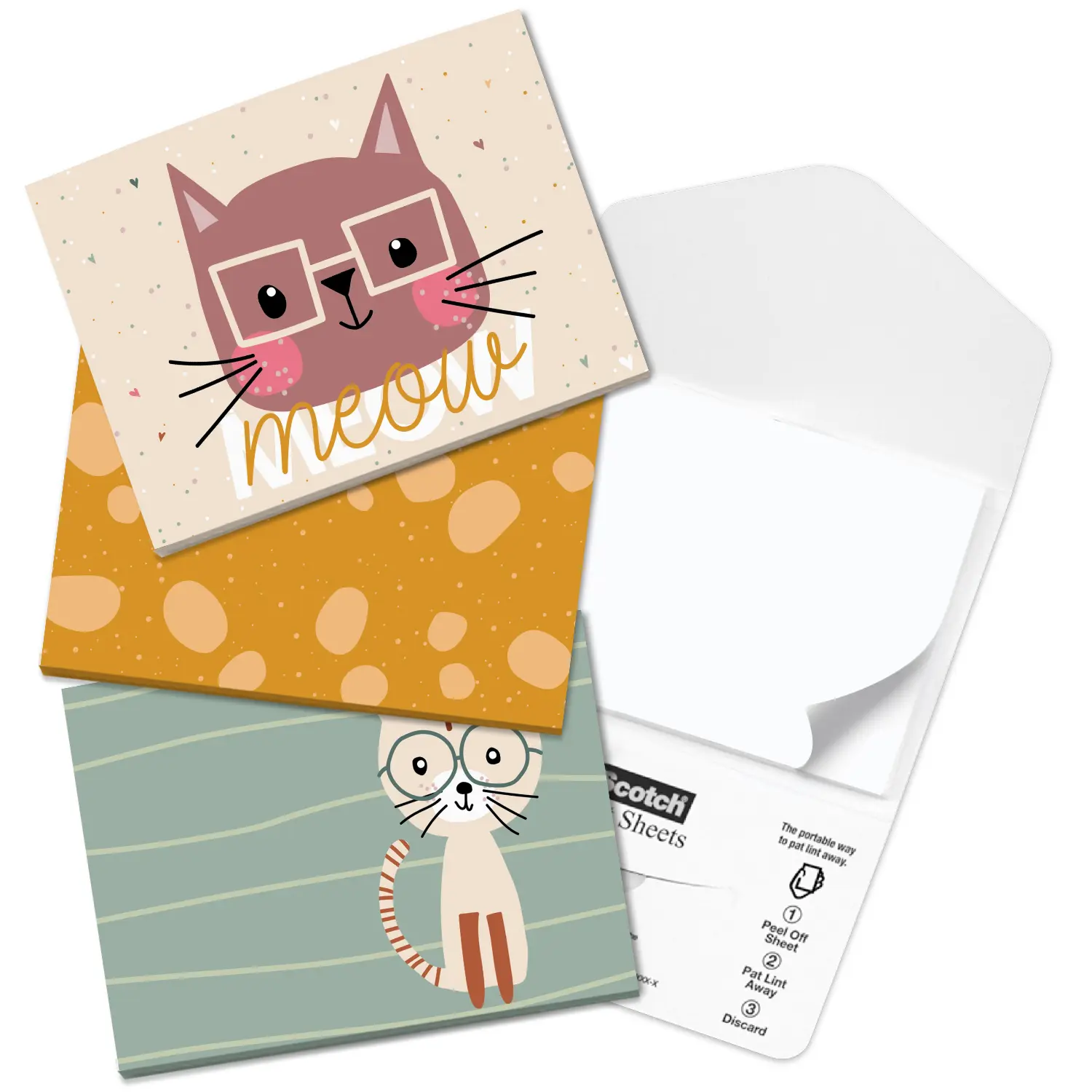 Cat Lovers Lint Sheet Packs / Set Of 3 Feline Lint Packs / 4" x 3" Lint Removal Packs / 40 Sheets Per Pack / Three Unique Designs lintremover