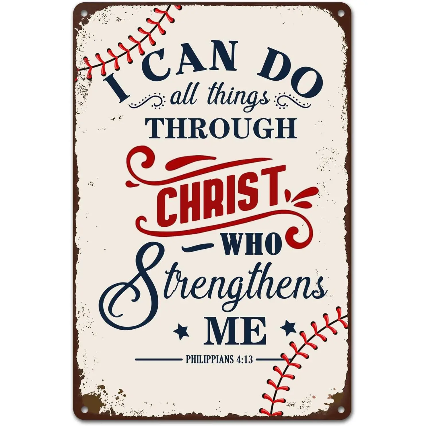 Inspirational Baseball Tin Sign - "I Can Do All Things Through Christ" Wall Art Decor for Boys' Bedroom, Sports Room, or Baseball Fans 8 x 12 Inch (293)