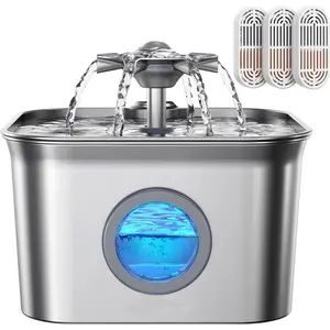 Stainless Steel Cat Water Fountain for Drinking with 3 Filters, 2.8L Auto Pet Drinking Fountain for Cats with 20dB Ultra-Quiet Pump, 24/7 Circulation Filtration LED Water Level Window Dishwasher Safe