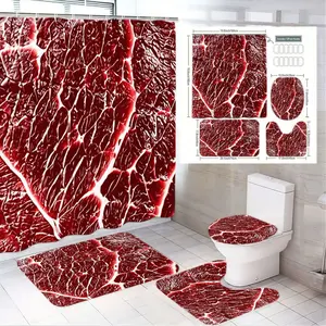 1/4pcs Halloween Raw Meat Pattern Bathroom Set - Shower Curtain + 2 Rectangular Mats + Round Toilet Seat Cover, Realistic Beef Muscle Fat Marbling Printed, Modern Light Wall Contrast Decor for Spooky Festival Home Decor, Shower Curtain Sets