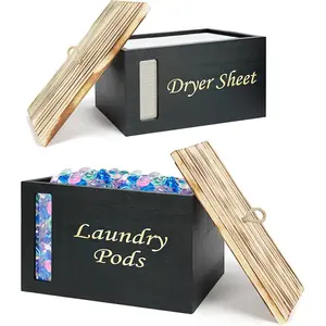 2 Pcs Wood Laundry Pods Container & Dryer Sheet Holder, Solid Pine Laundry Sheet Container Dispenser with Visible Window for Laundry Accessories, Farmhouse Decor for Laundry Room Refresh(Black)
