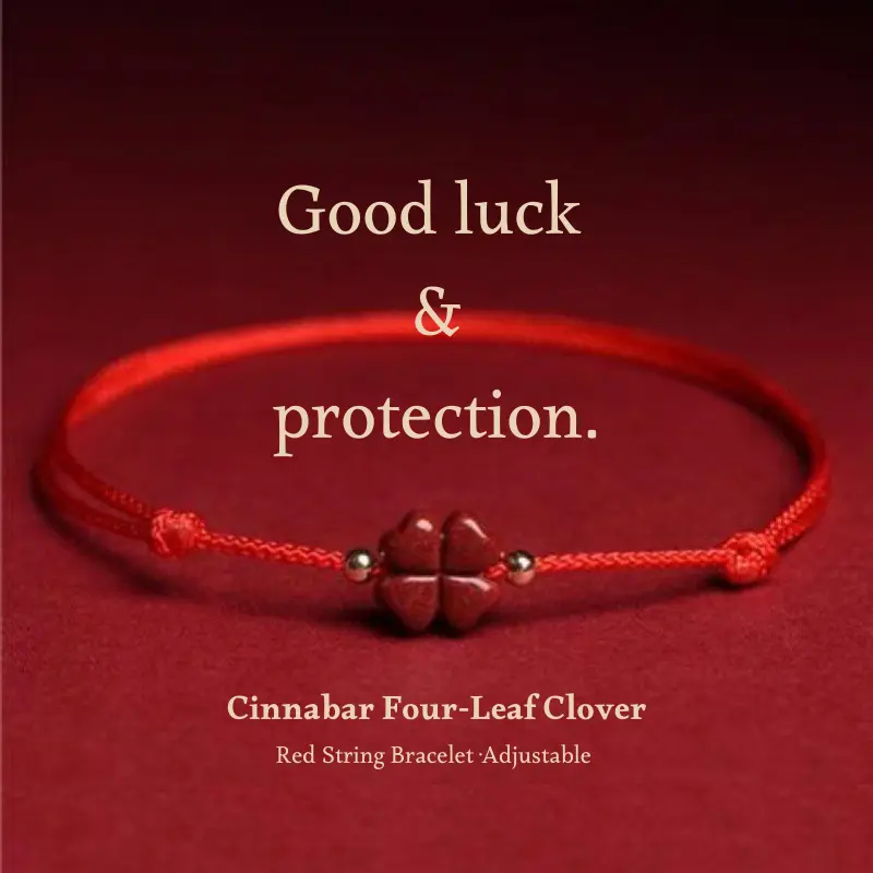 Red string bracelet with Cinnabar Four-Leaf Clover – Luck, Healing Jewelry, Adjustable, Gift for him & her, Red hospital bracelet Positive Energy Culturally Lucky