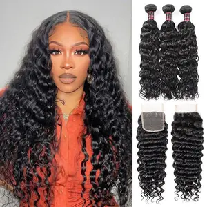 Water Wave Human Hair Bundles with Closure Brazilian Raw Hair Bundles with 4×4 Closure Remy Hair Weave Extensions