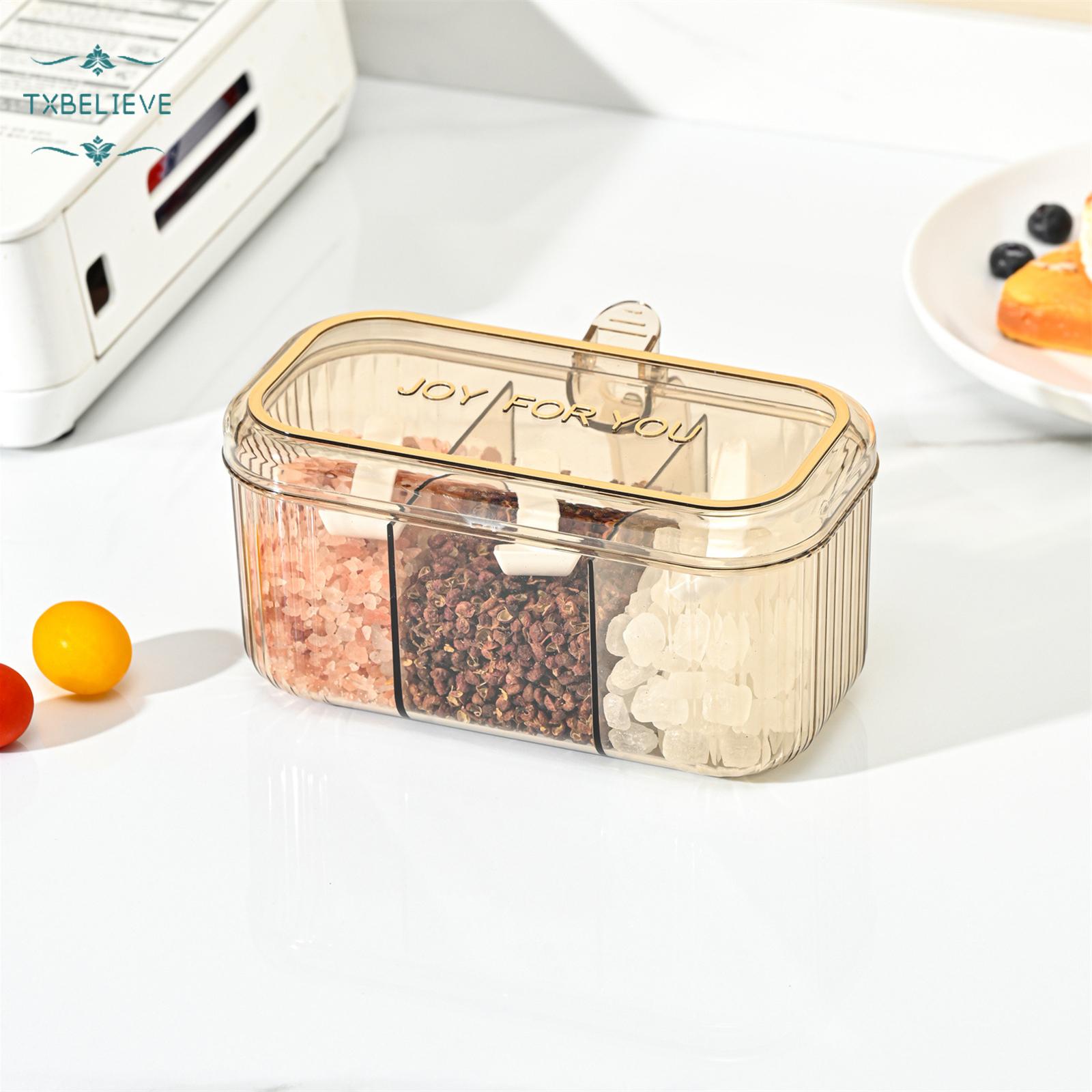 Kitchen 3-Compartment Seasoning Box with Lid — Simple & Fresh Home-Use Divided Container for Salt, MSG, Chicken Essence, and Spices