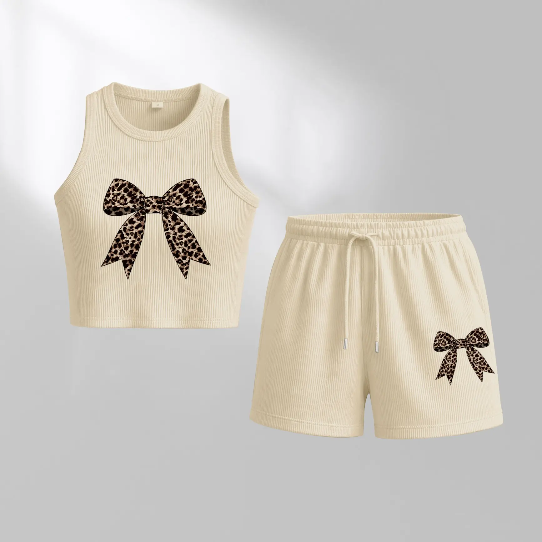 Women's Leopard Print Bow Print Casual Slim-Fit Tank Top And Drawstring Shorts Two-Piece Set, Perfect For Summer Wear, A Must-Have For Back-To-School Season02
