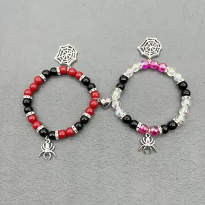 2pcs Halloween Spider Bracelet for Couples Friendship Spider Pink Charm Gift Lovers Jewelry, 0.8X9X14.5cm