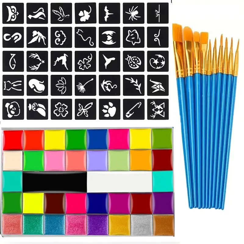 36 Color Watercolor Paint Set + Brushes + Templates, Professional Non-Toxic Face & Body Cosmetic Makeup, Body Art, Easy Clean, Ideal for Stage Performances, Carnival, Halloween