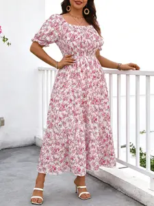 Plus Size Ditsy Floral Dress, Fit Womenswear, Square Neck Bubble Sleeve Design, Elastic Waist Layered Cake Skirt, Casual Farmhouse Style