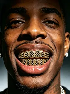 Hip Hop Full Diamond Dental Retainer, Rap Singer Gold Plated Drill Grillz, Trendy Teeth Decoration, Silver Color and